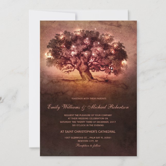 Invitación Vintage String Lights Oak Tree Country Wedding (Anverso)