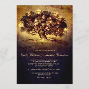 Invitación Vintage String Lights Oak Tree Country Wedding