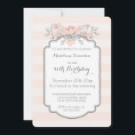 Invitación Vintage Stripes 90th Birthday Party Invitation<br><div class="desc">Invitaciones a la fiesta de cumpleaños número 90 del personalizado con diseño rústico de flores de primavera y rayas antiguas de color rosa durazno pastel,  azul cielo claro,  gris oscuro y blanco. Añade tu nombre y detalles del fiesta para una invitación única y elegante a la fiesta de cumpleaños.</div>
