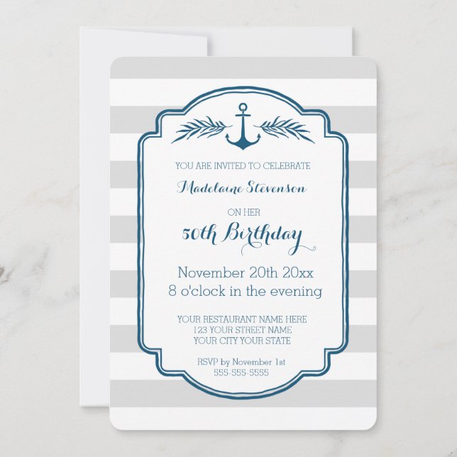 Invitación Vintage Stripes Nautical 50 cumpleaños (Reverso)
