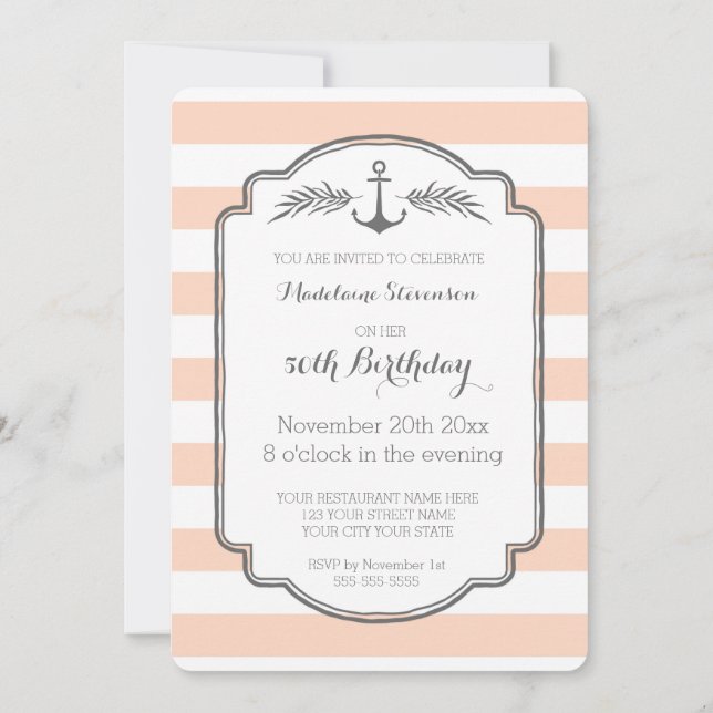 Invitación Vintage Stripes Nautical 50 cumpleaños (Reverso)