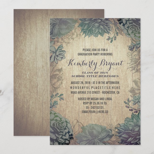 Invitación Vintage Suculenta Partido Rústico de Graduación de (Anverso / Reverso)