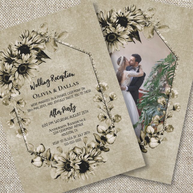 Invitación Vintage Sunflower Floral Photo Wedding Recepción (Subido por el creador)