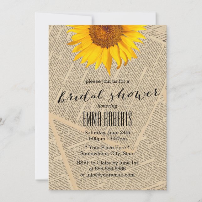 Invitación Vintage Sunflower Old Newspaper Shower (Anverso)