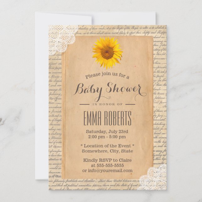 Invitación Vintage Sunflower Old Script Paper Baby Shower (Anverso)
