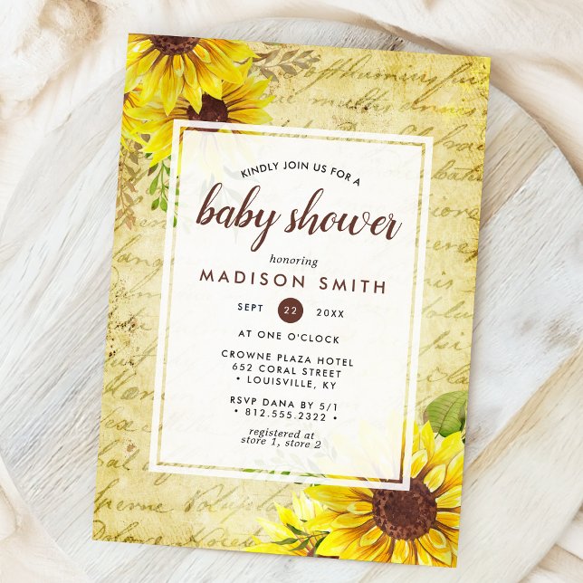 Invitación Vintage Sunflower Script Baby Shower (Subido por el creador)
