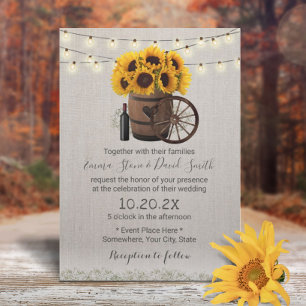 Invitación Vintage Sunflower Wood Barrel Rustic Boda