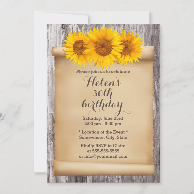 Invitación Vintage Sunflowers Old Scroll Wood Birthday Party (Anverso)