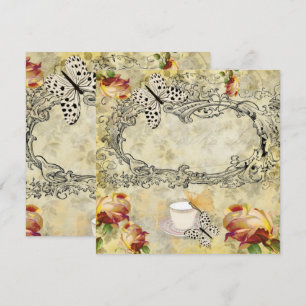 Invitación vintage tazas y mariposas decoupage