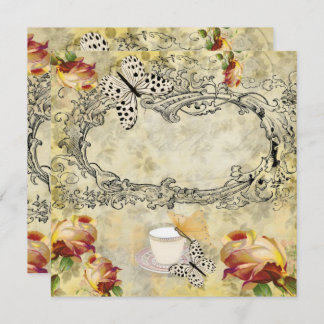 Invitación vintage tazas y mariposas decoupage