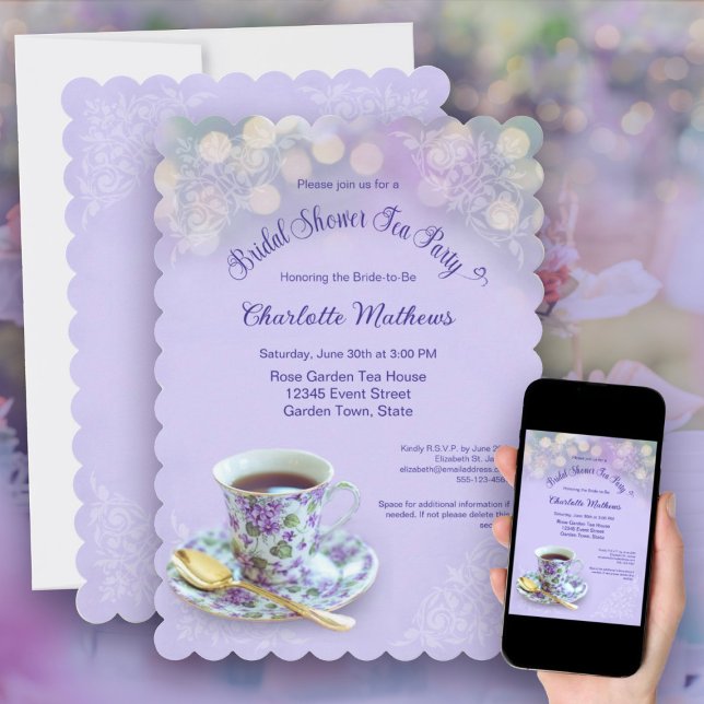 Invitación Vintage Tea Fiesta Bridal Shower Lavender (Vintage Tea Party Bridal Shower Lavender Invitation)