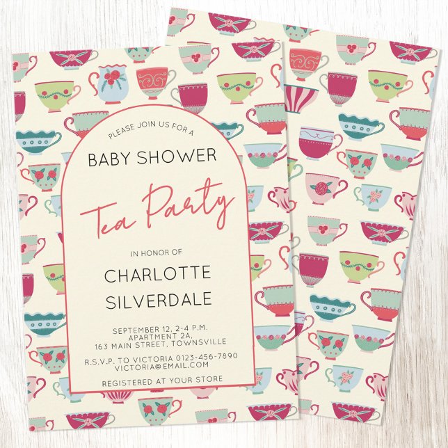 Invitación Vintage Tea Party Baby Shower (Vintage modern tea party baby shower invitation with custom text)