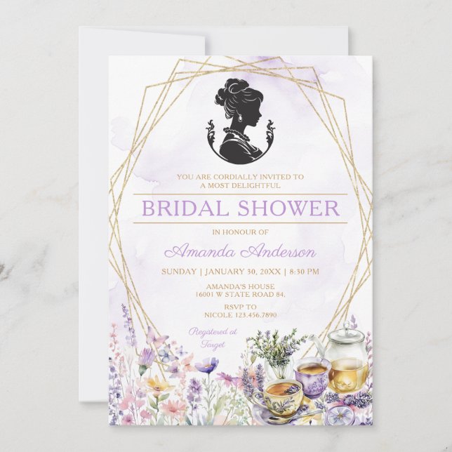Invitación Vintage Tea Party Bridal Shower Purple Wildflowers (Anverso)
