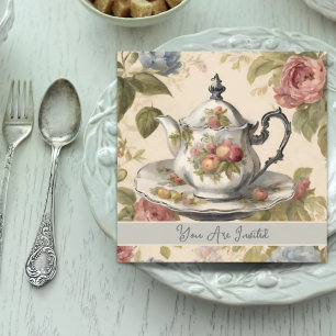 Invitación Vintage Teapot Floral Bridal Shower Tea Fiesta