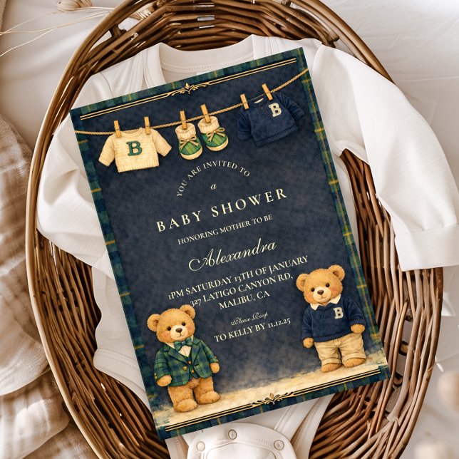 Invitación Vintage Teddy Bear Preppy Baby Shower (Subido por el creador)