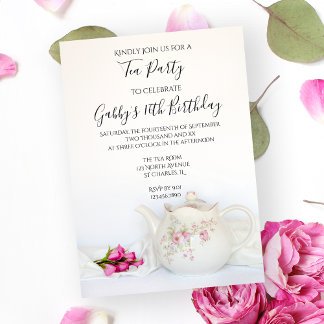 Invitación Vintage Tetera y fiesta de cumpleaños de rosas ros