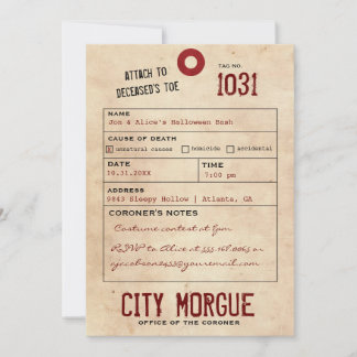 Invitación Vintage Toe Tag Adulto Halloween Party Invitado