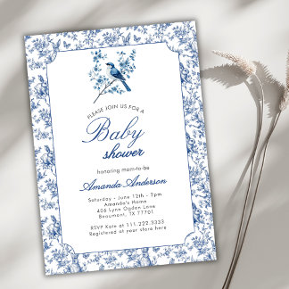 Invitación Vintage Toile De Jouy Blue Bunny Bird Baby Shower 