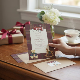 Invitación Vintage Toy Car Red Plaid Baby Shower Invitation