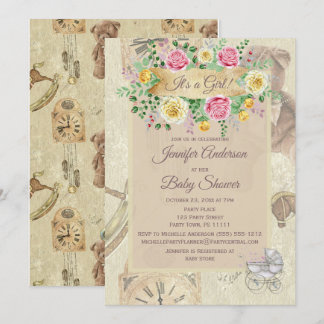 Invitación Vintage Toys Floral Baby Shower