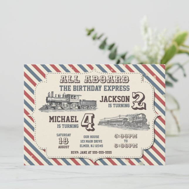Invitación Vintage Train Joint Birthday (Anverso de pie)