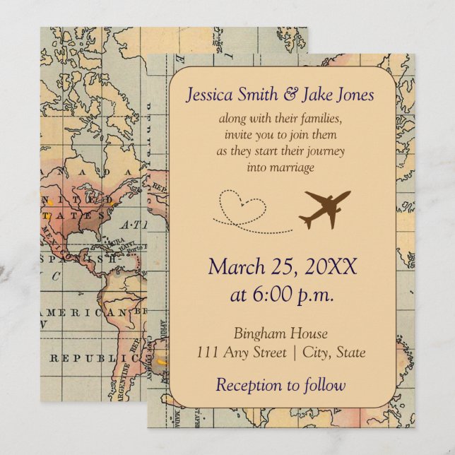 Invitación Vintage, Travel Themed Wedding Invite (Anverso / Reverso)