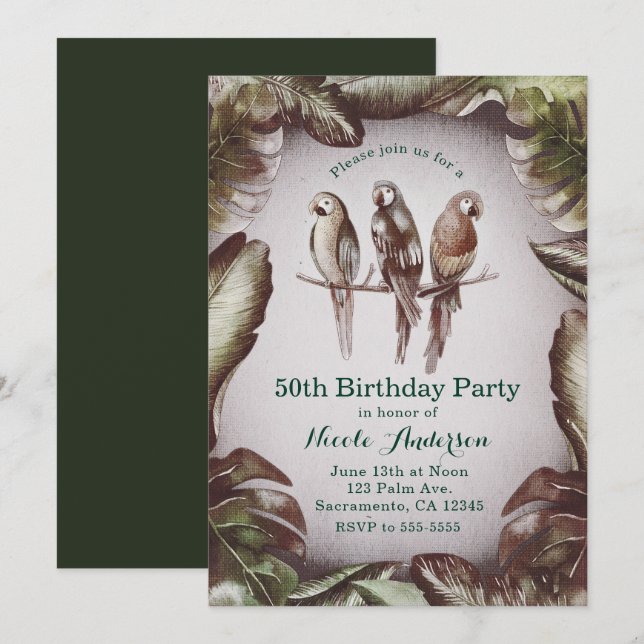 Invitación Vintage Tropical Tiki Birts Parrots & Leaves Fiest (Anverso / Reverso)
