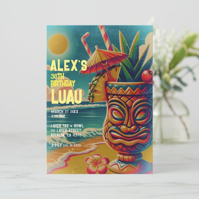 Invitación Vintage Tropical Tiki, Fiesta Luau (Anverso de pie)