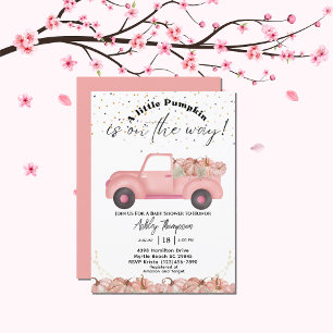 Invitación Vintage Truck Fall Pink Pumpkin Baby Shower