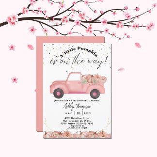Invitación Vintage Truck Fall Pink Pumpkin Baby Shower