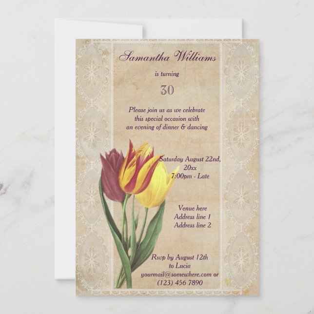 Invitación Vintage Tulips & Lilies 30 cumpleaños (Reverso)