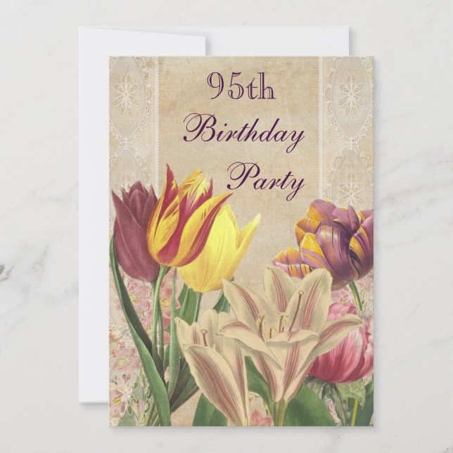 Invitación Vintage Tulips & Lilies 95º cumpleaños (Anverso)