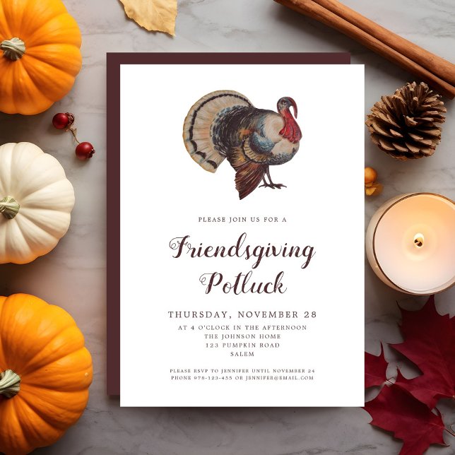 Invitación Vintage Turkey Friendding Potluck (Vintage Turkey Friendsgiving Potluck Invitation)