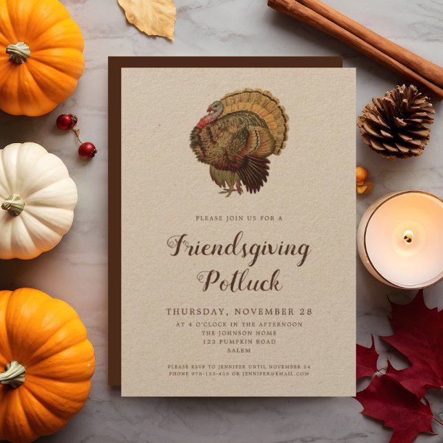 Invitación Vintage Turkey Thankless Potluck (Vintage Turkey Thanksgiving Potluck Invitation)