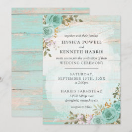 Invitación Vintage Turquesa Rustic Wood Floral Rosas Boda