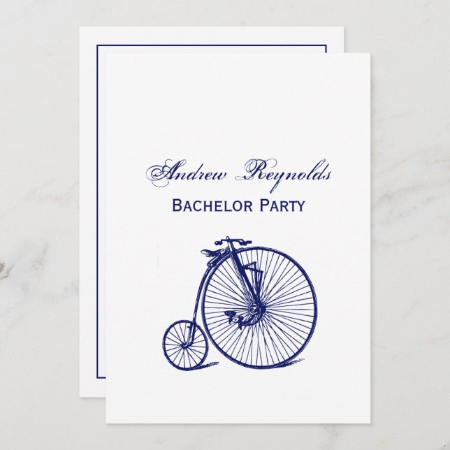Invitación Vintage Velocipede Penny Farthing Bicicleta Blu (Anverso / Reverso)