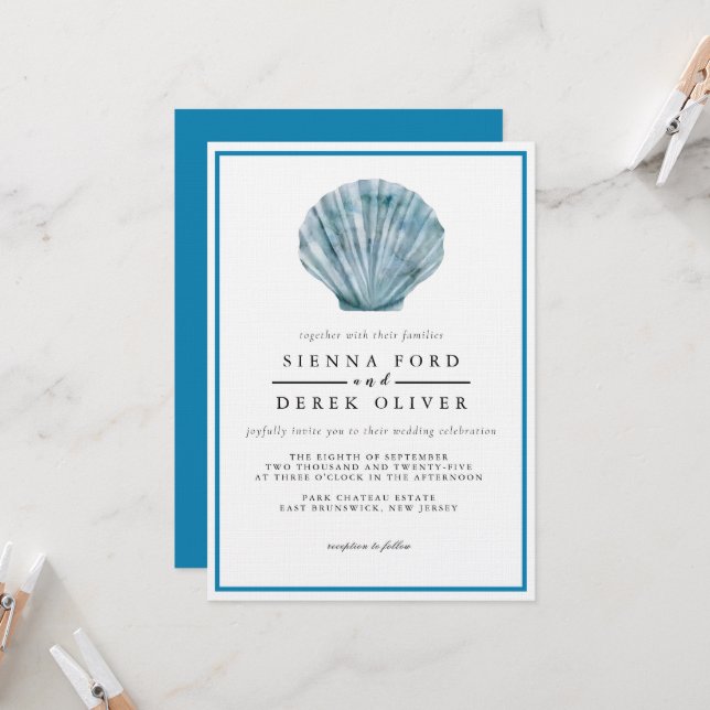 Invitación Vintage Verde azulado Blue Single Seashell Boda (Anverso/Reverso In Situ)