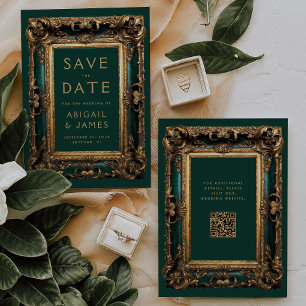 Invitación Vintage Verde Dorado Código QR Boda Guardar la Fec