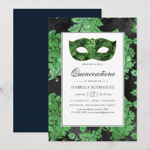Invitación Vintage Verde y Negro Mascarada Quinceañera