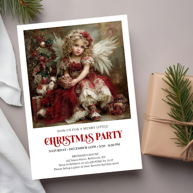 Invitación Vintage Victorian Angel Burgundy Christmas Party   (Vintage Victorian Angel Burgundy Gold Christmas Party Invite)