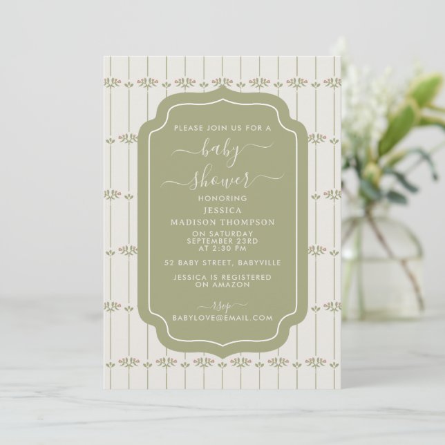 Invitación Vintage Victorian Botanical Stripes Baby Shower (Anverso de pie)
