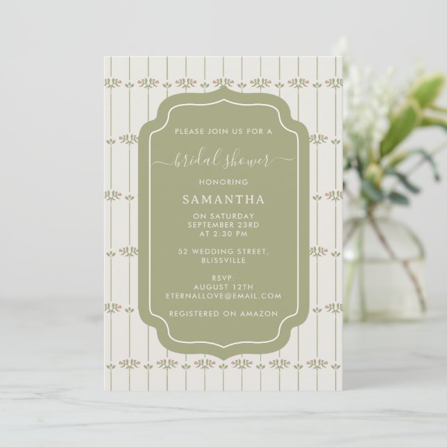 Invitación Vintage Victorian Botanical Stripes Bridal Shower (Anverso de pie)