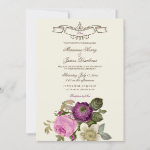 Invitación Vintage Victoriano Botánico Rosa y Ciruela