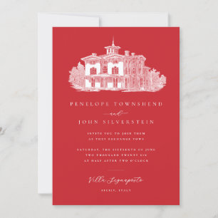 Invitación Vintage Villa Ilustracion Boda rojo italiano