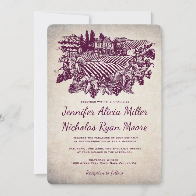 Invitación Vintage Vineyard Winery Burgundy Boda (Anverso)