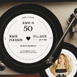 Invitación Vintage Vinyl Record Milestone Birthday<br><div class="desc">Add a touch of nostalgia to your birthday celebration with our personalized vinyl record birthday invitation. The retro design of this invitation is sure to impress your guests and set the tone for a fun, vintage-themed party. The invitation is shaped like a vinyl record and can be easily edited to...</div>