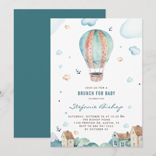 Invitación Vintage Watercolor Hot Air Balloon Boy Baby Shower (Anverso / Reverso)