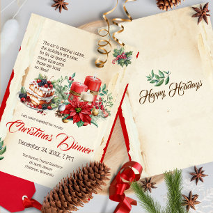 Invitación Vintage Watercolor Pines Red Poinsettia Navidades
