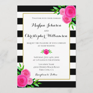 Invitación Vintage Watercolor Pink Floral Stripes Boda