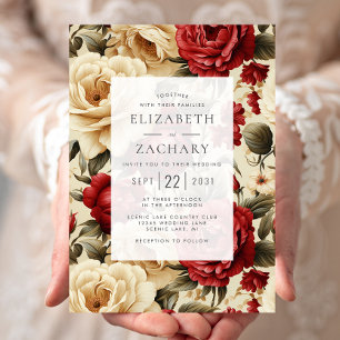 Invitación Vintage Watercolor Rosas Boda Verde de Marfil Rojo